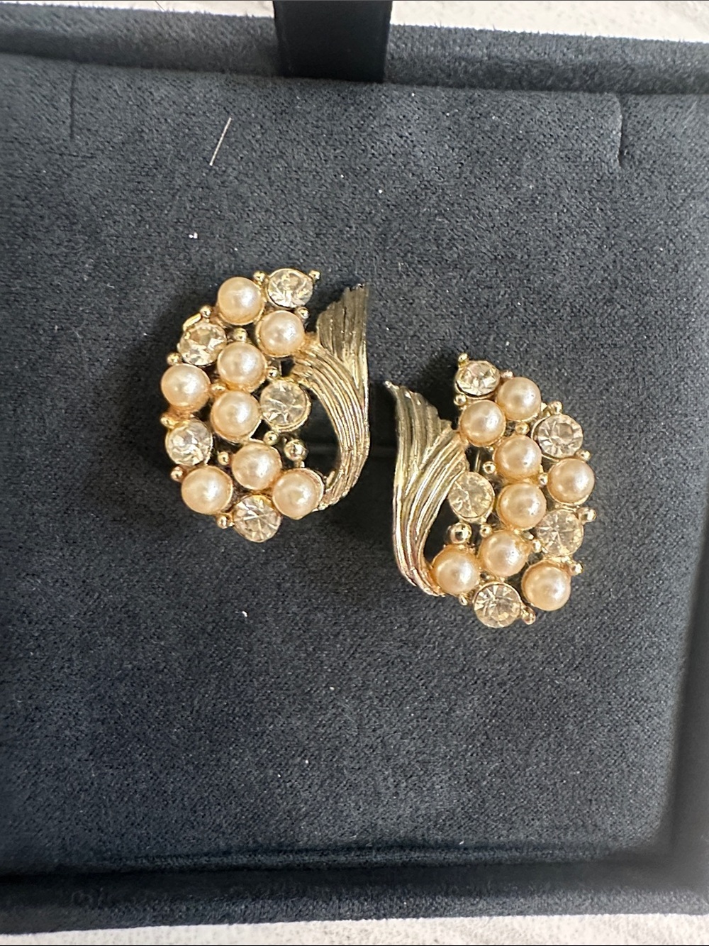 Trifari Gold-Tone Pearl and Clear Crystal Cluster Clip Earrings
